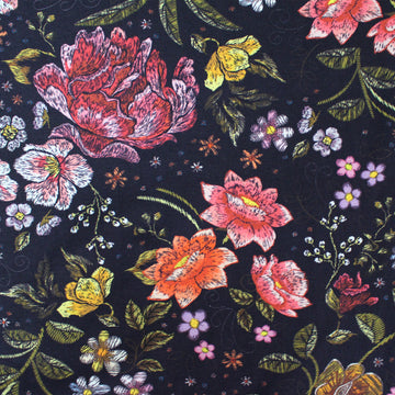 Dutch digital cotton knit 'garden embroidery' Oeko-Tex cert. - midnight