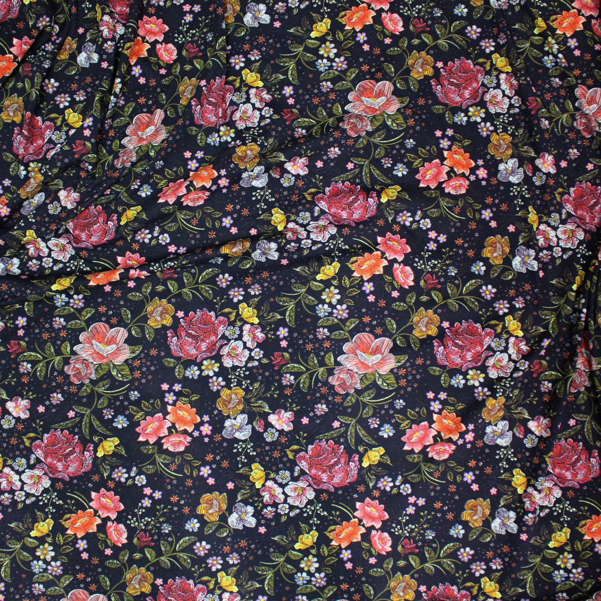 Dutch digital cotton knit 'garden embroidery' Oeko-Tex cert. - midnight