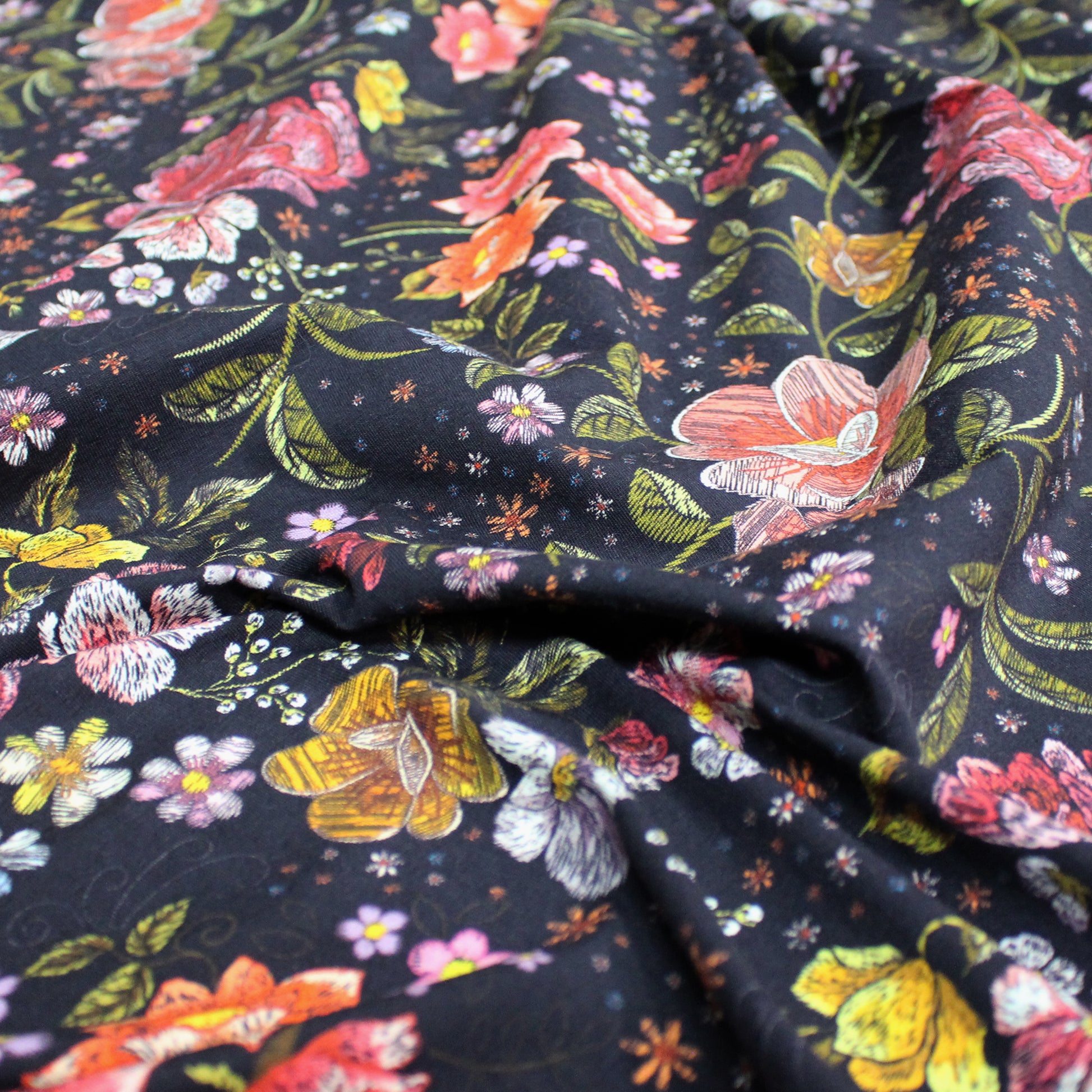 Dutch digital cotton knit 'garden embroidery' Oeko-Tex cert. - midnight