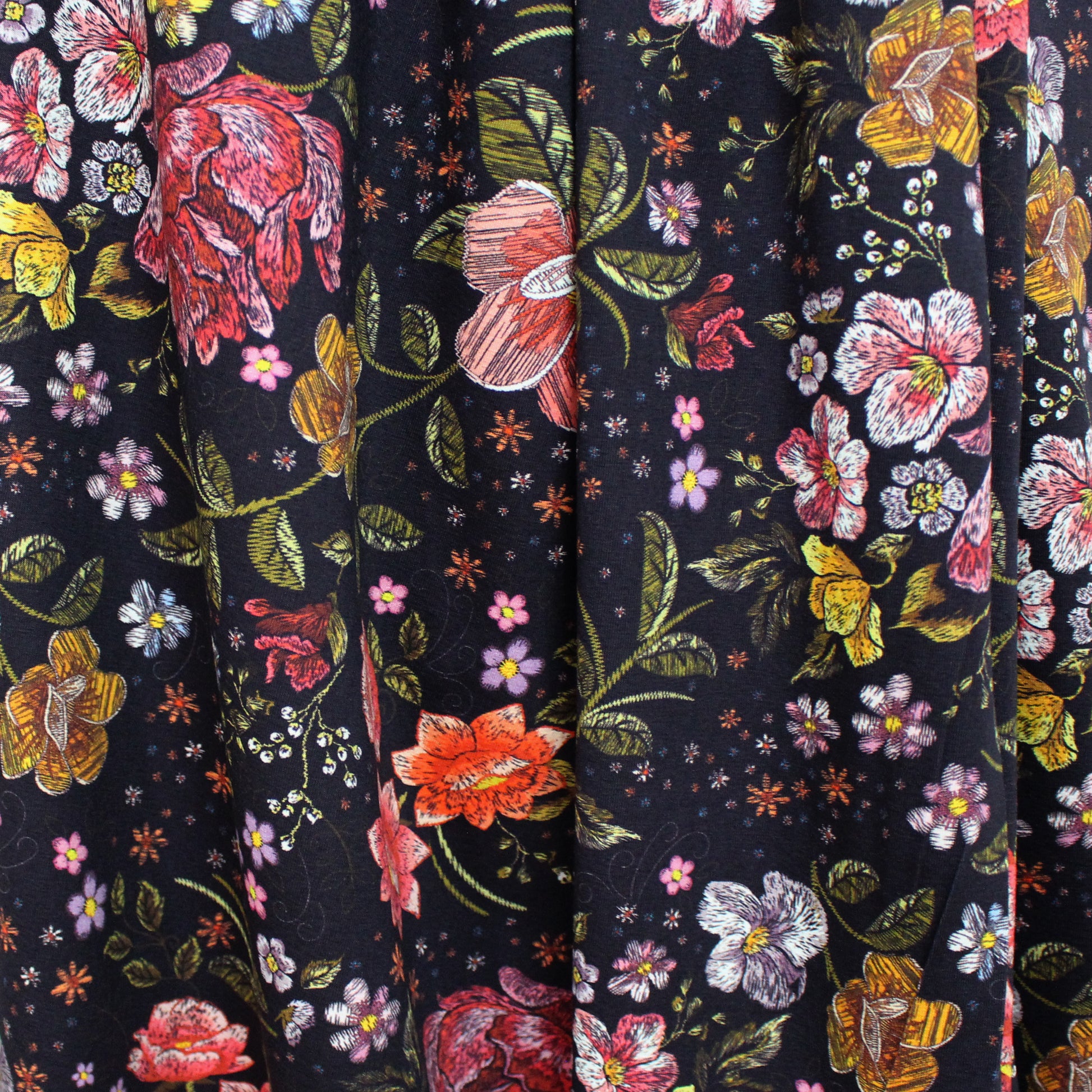 Dutch digital cotton knit 'garden embroidery' Oeko-Tex cert. - midnight