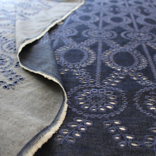 Italian embroidered eyelet lightweight denim- indigo