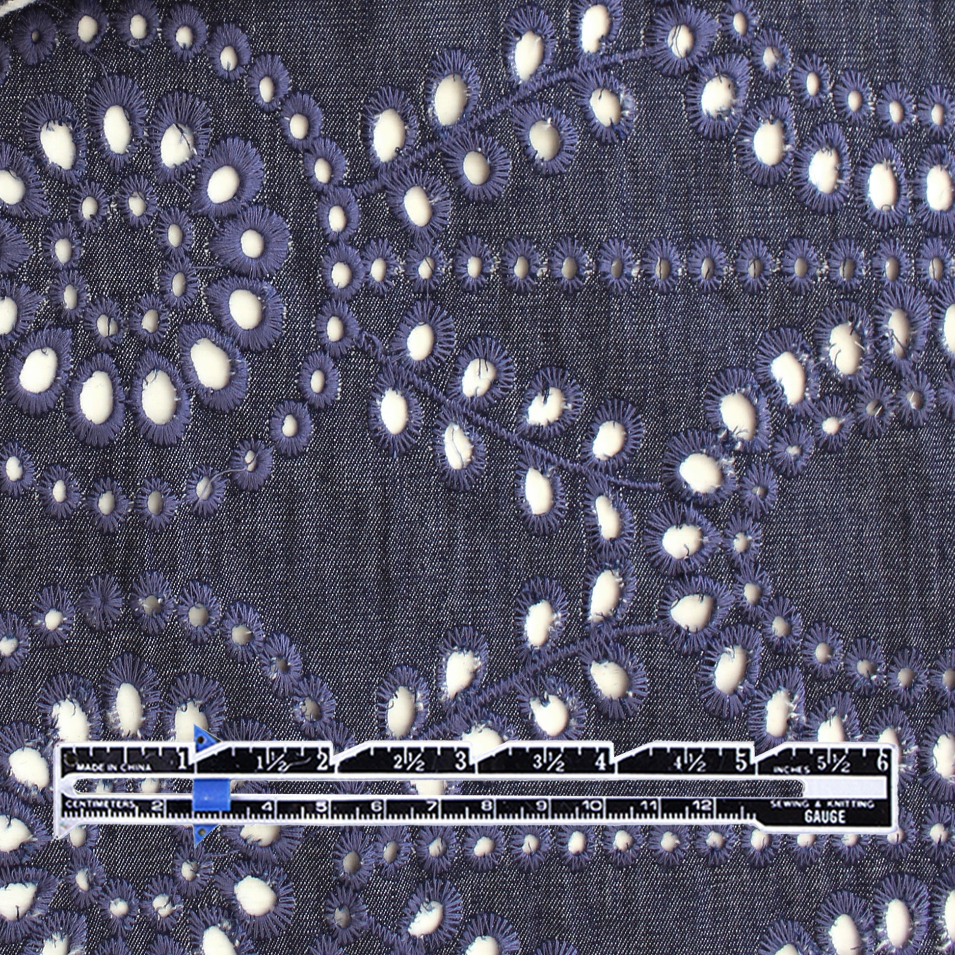 Italian embroidered eyelet lightweight denim- indigo