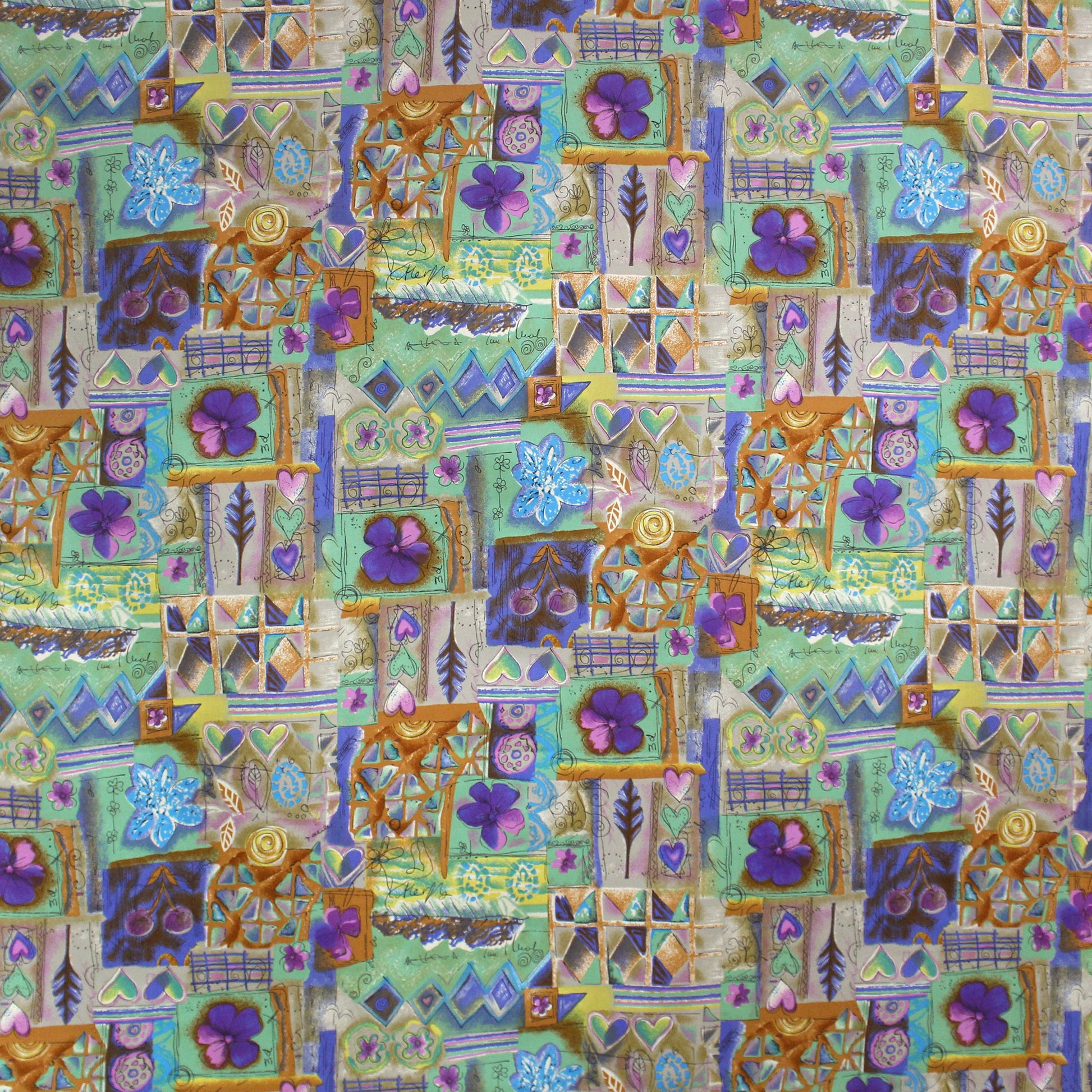 Japanese 'patchwork story' printed stretch denim