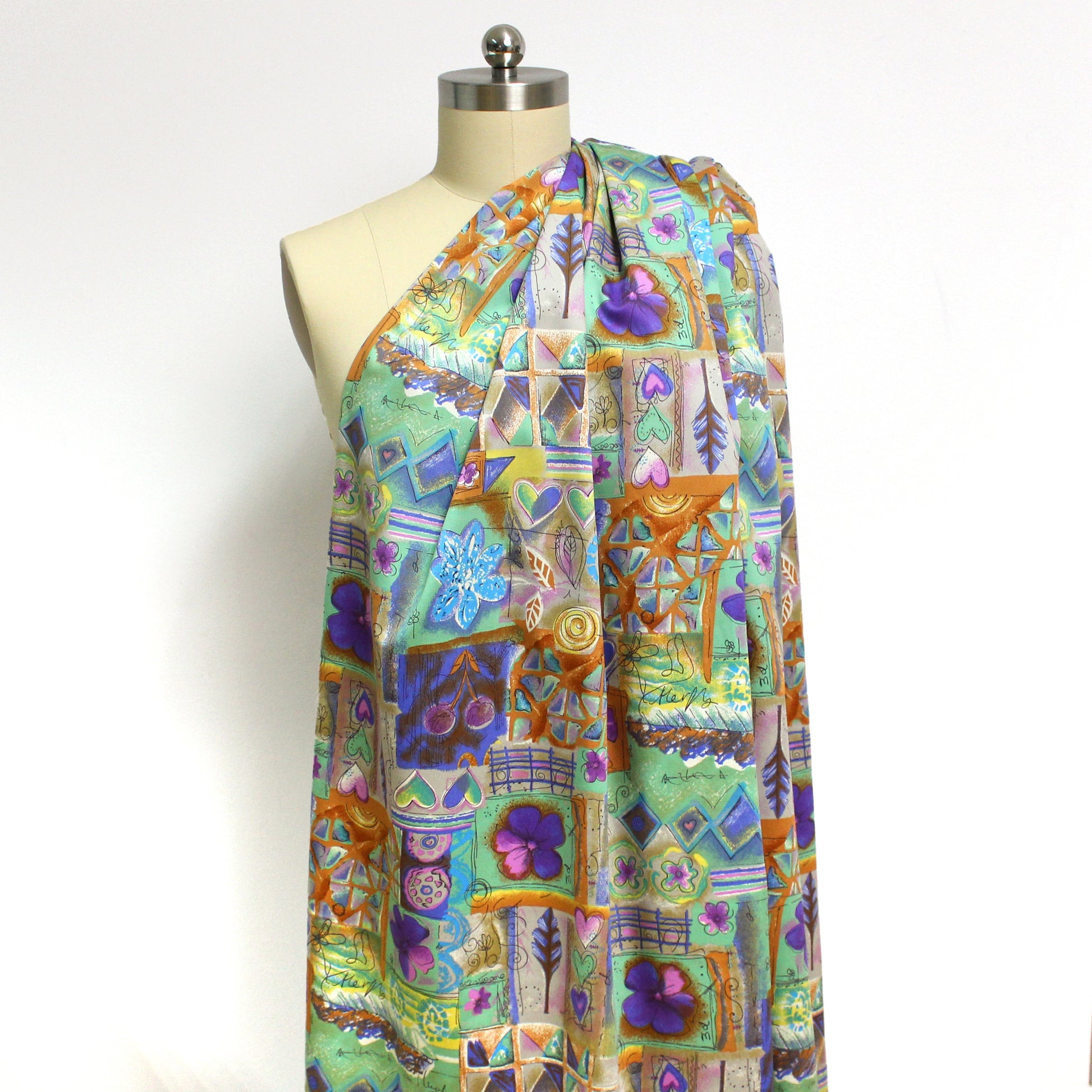 Japanese 'patchwork story' printed stretch denim