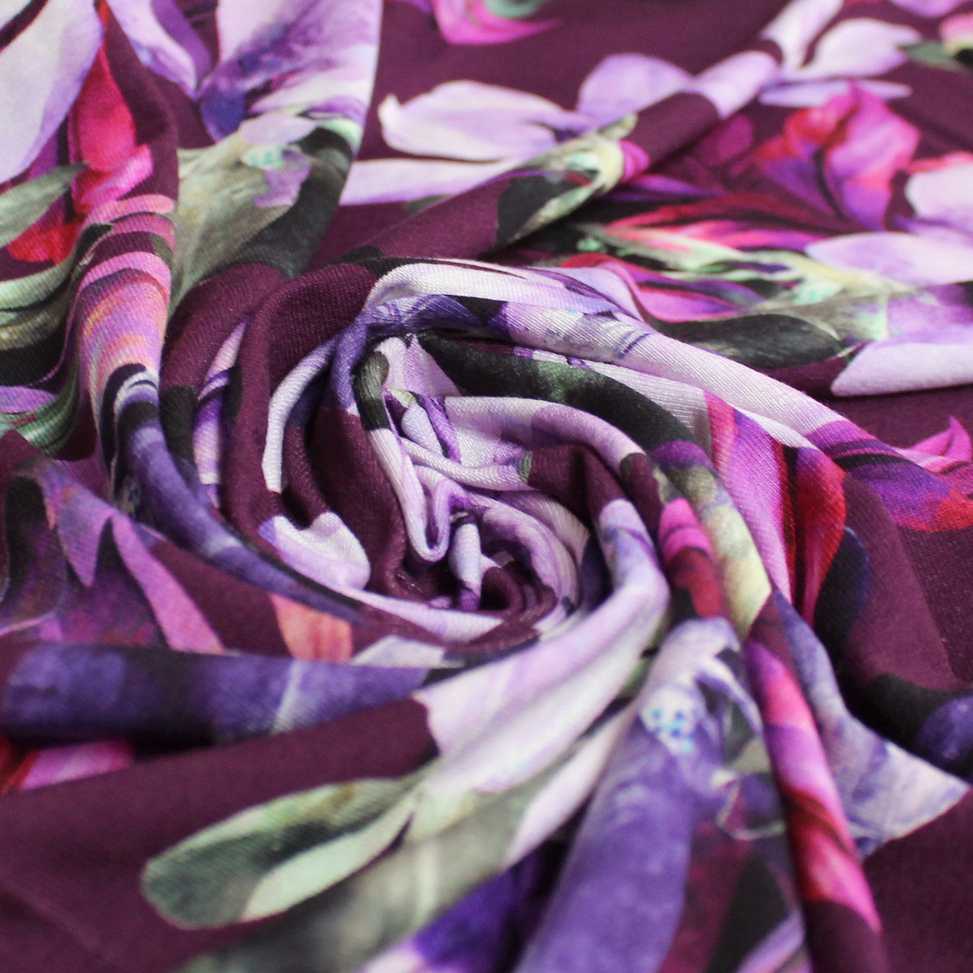 'blooms on plum' viscose knit, Oeko-Tex cert.