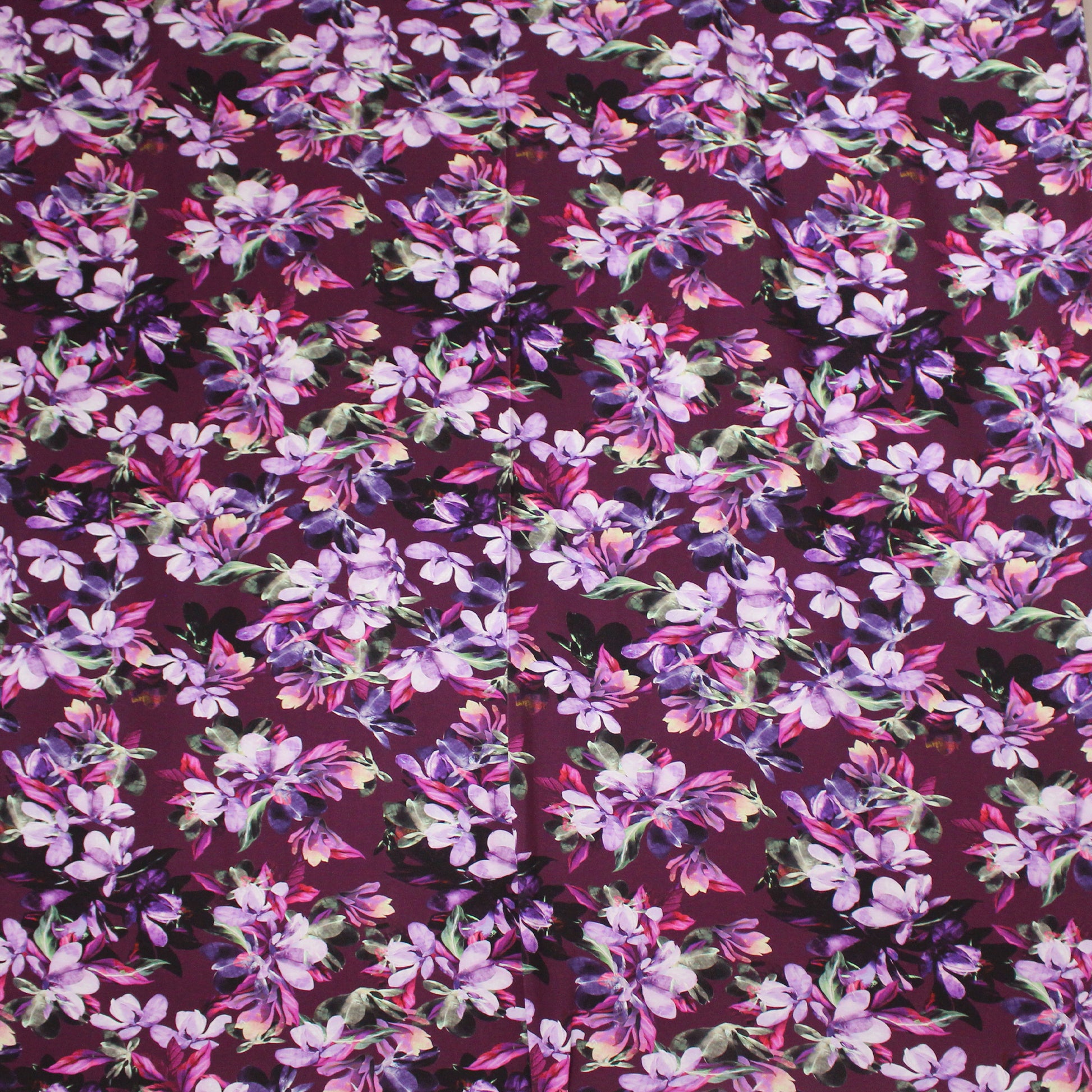 'blooms on plum' viscose knit, Oeko-Tex cert.
