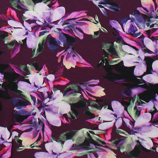 'blooms on plum' viscose knit, Oeko-Tex cert.