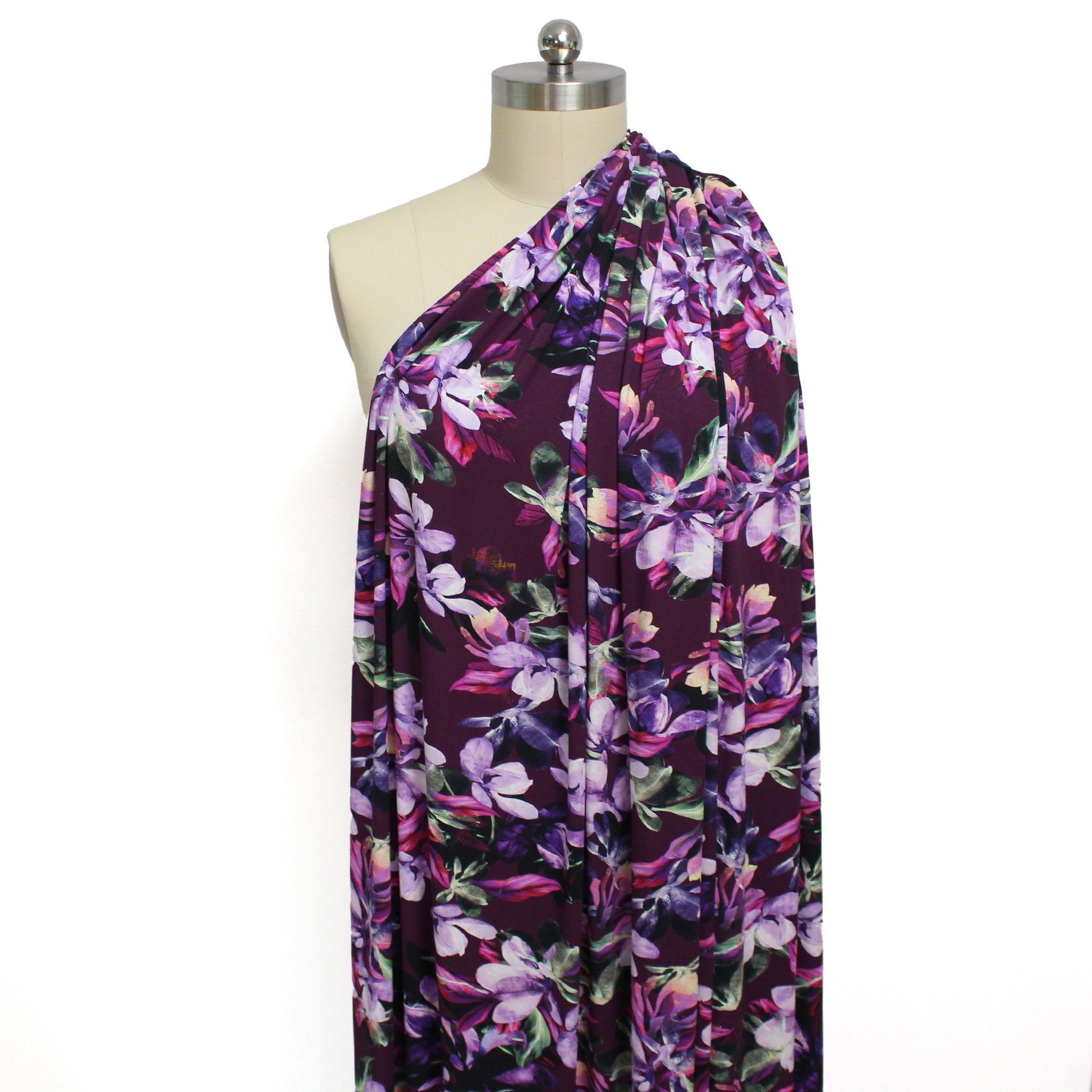 'blooms on plum' viscose knit, Oeko-Tex cert.