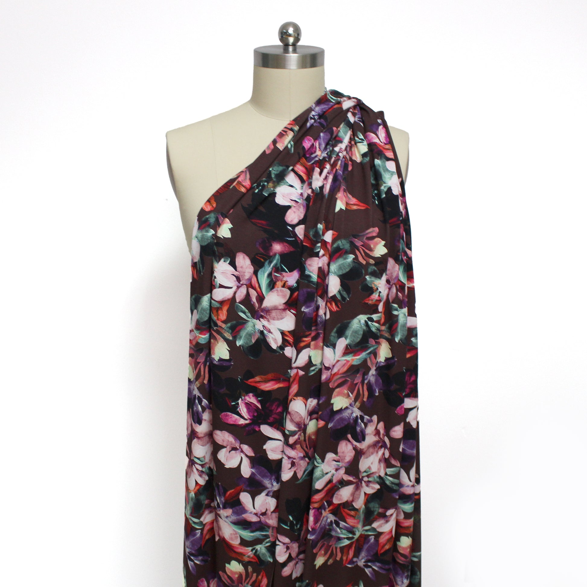 'blooms on chocolate' viscose knit, Oeko-Tex cert.