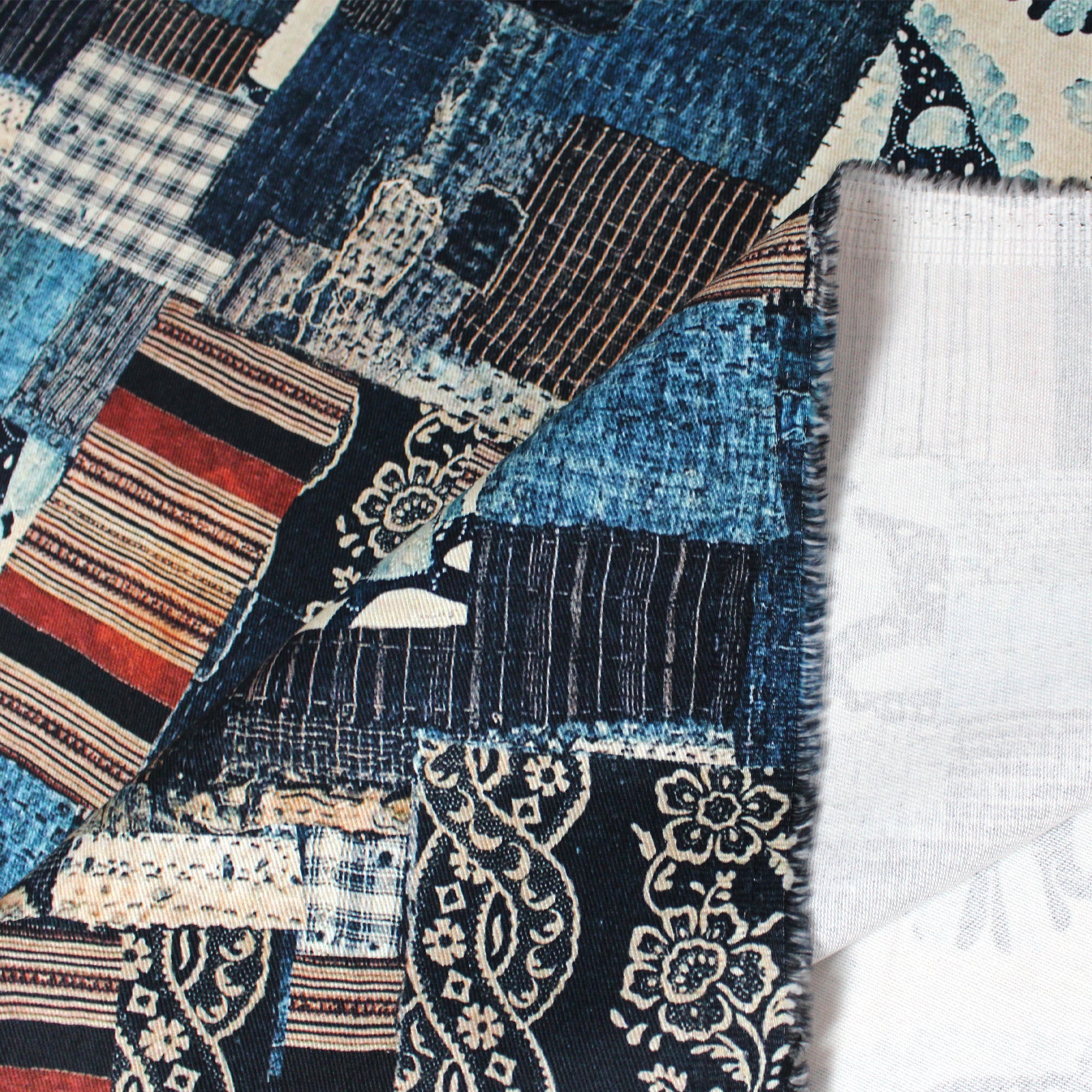 'patchwork pastiche ' printed stretch cotton denim, Oeko-Tex cert