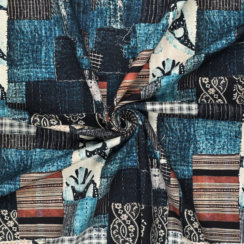 'patchwork pastiche ' printed stretch cotton denim, Oeko-Tex cert