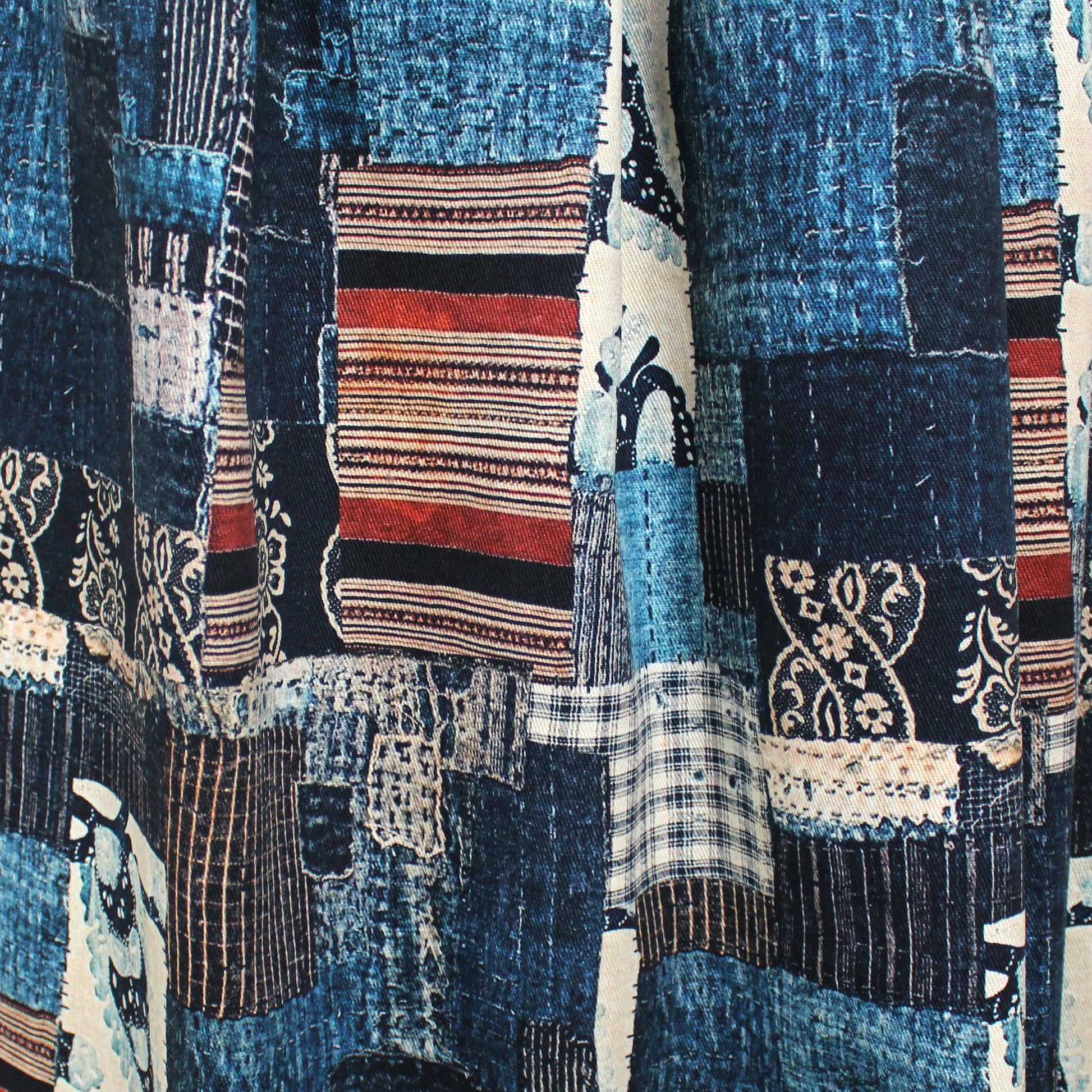 'patchwork pastiche ' printed stretch cotton denim, Oeko-Tex cert