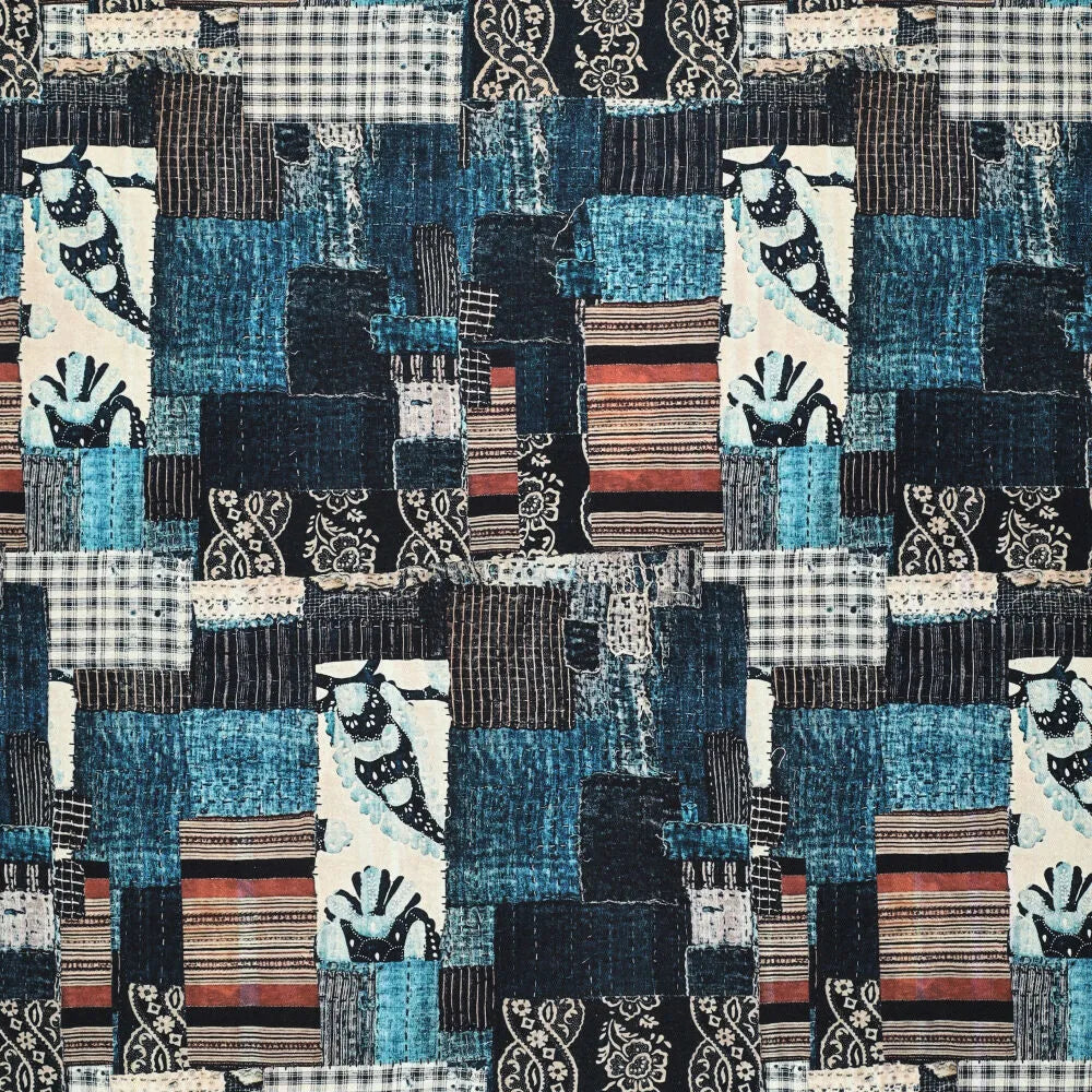 'patchwork pastiche ' printed stretch cotton denim, Oeko-Tex cert