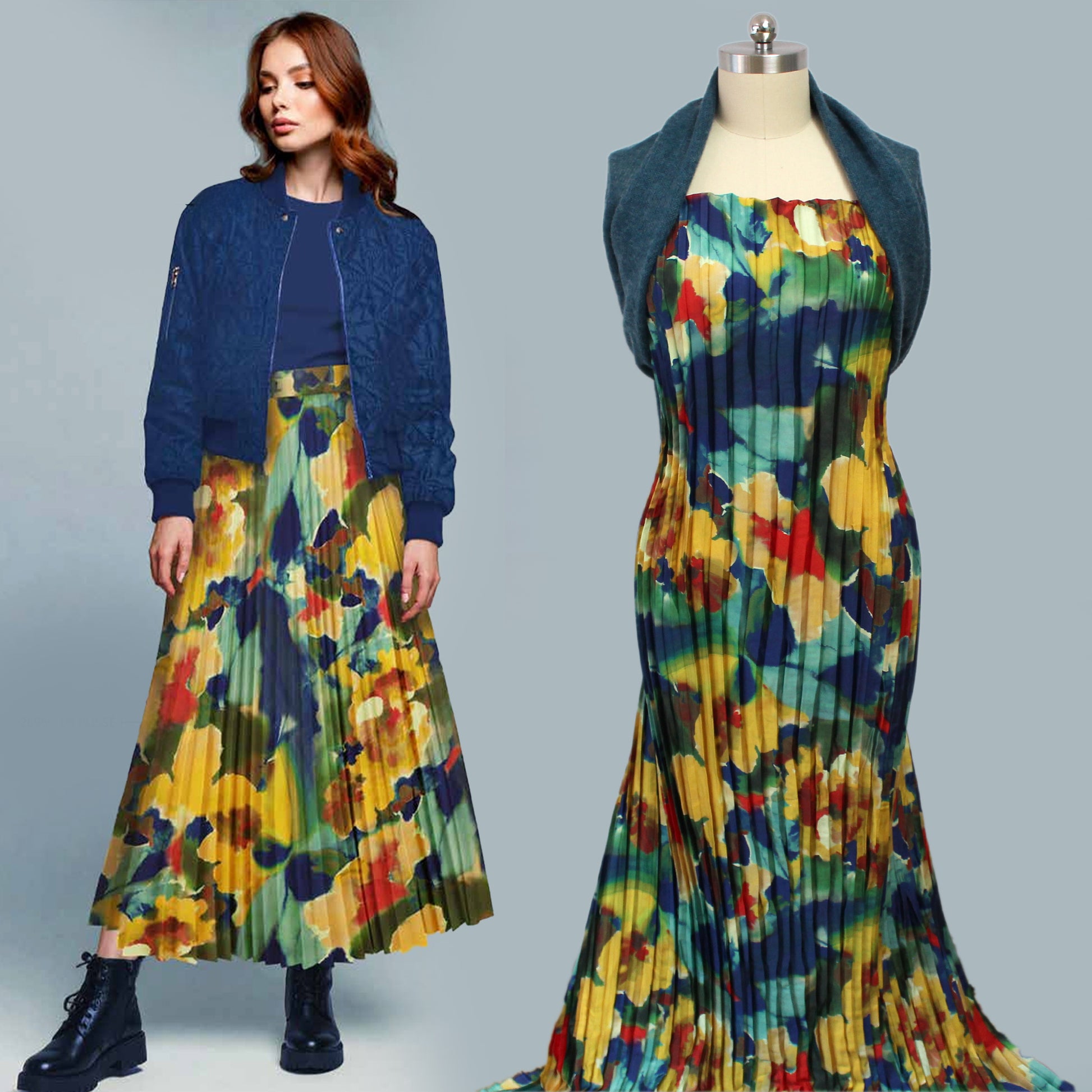 Dutch abstract floral plisse - jade/blue