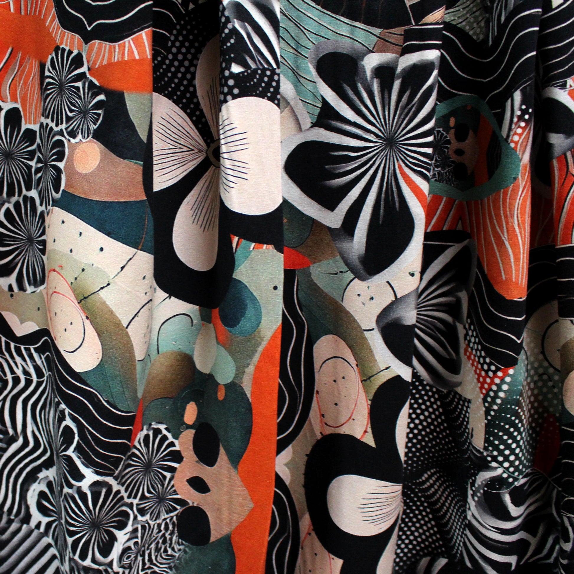 Dutch digital cotton knit 'geo rainforest' Oeko-Tex cert. - persimmon/aqua