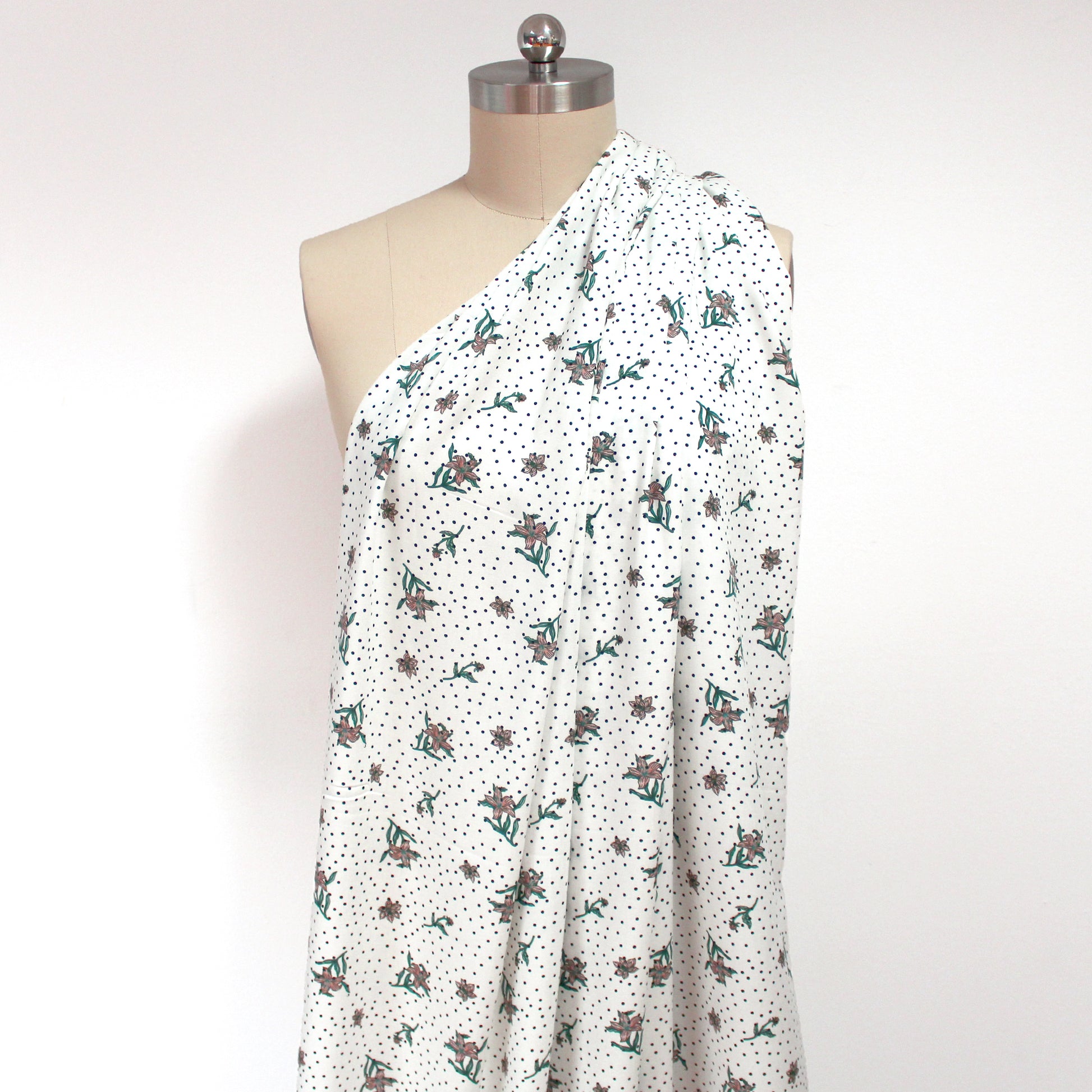 'polka dot floral' drapey viscose woven - white