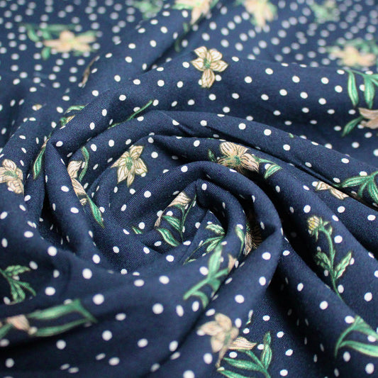 'polka dot floral' drapey viscose woven - navy