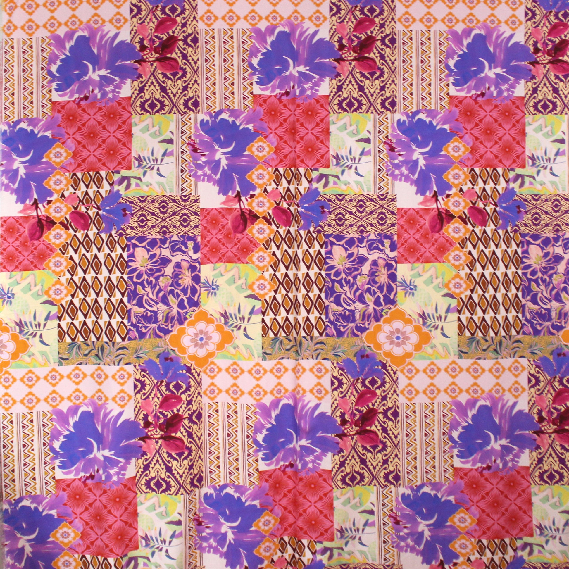 'resort patchwork' printed stretch viscose poplin