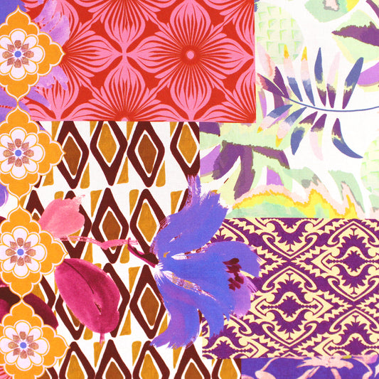 'resort patchwork' printed stretch viscose poplin