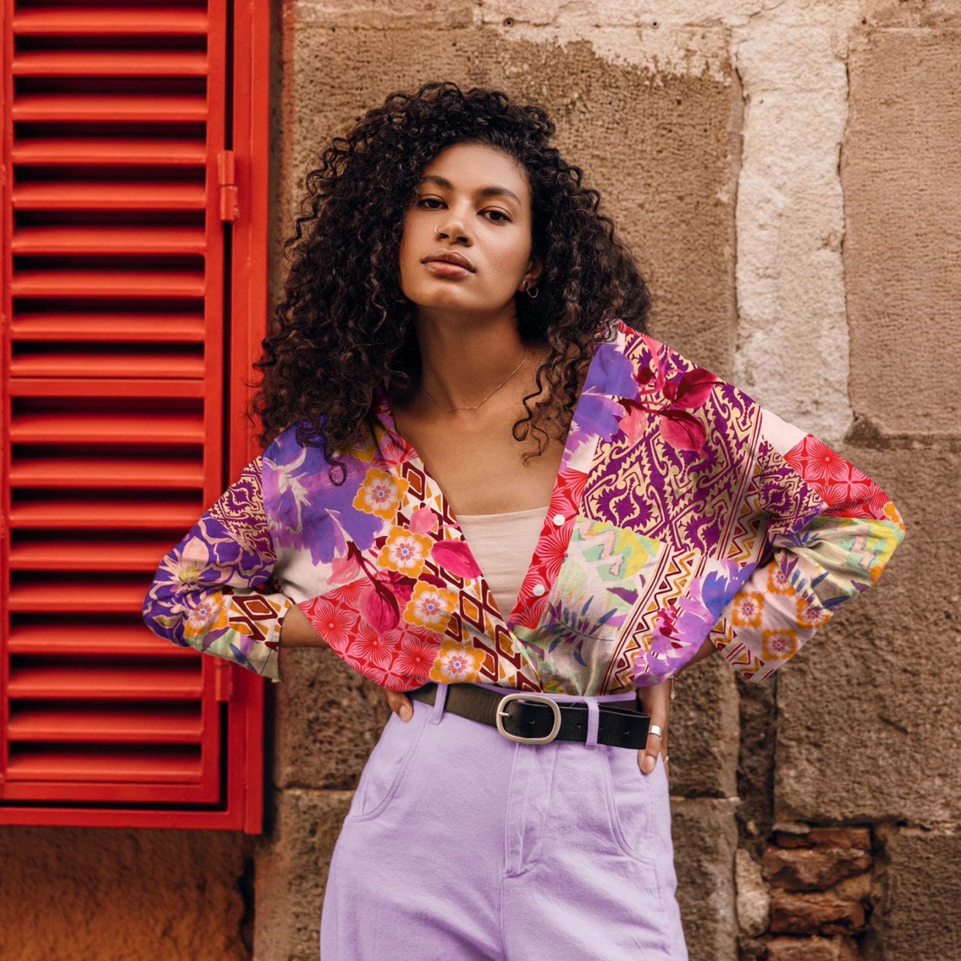 'resort patchwork' printed stretch viscose poplin