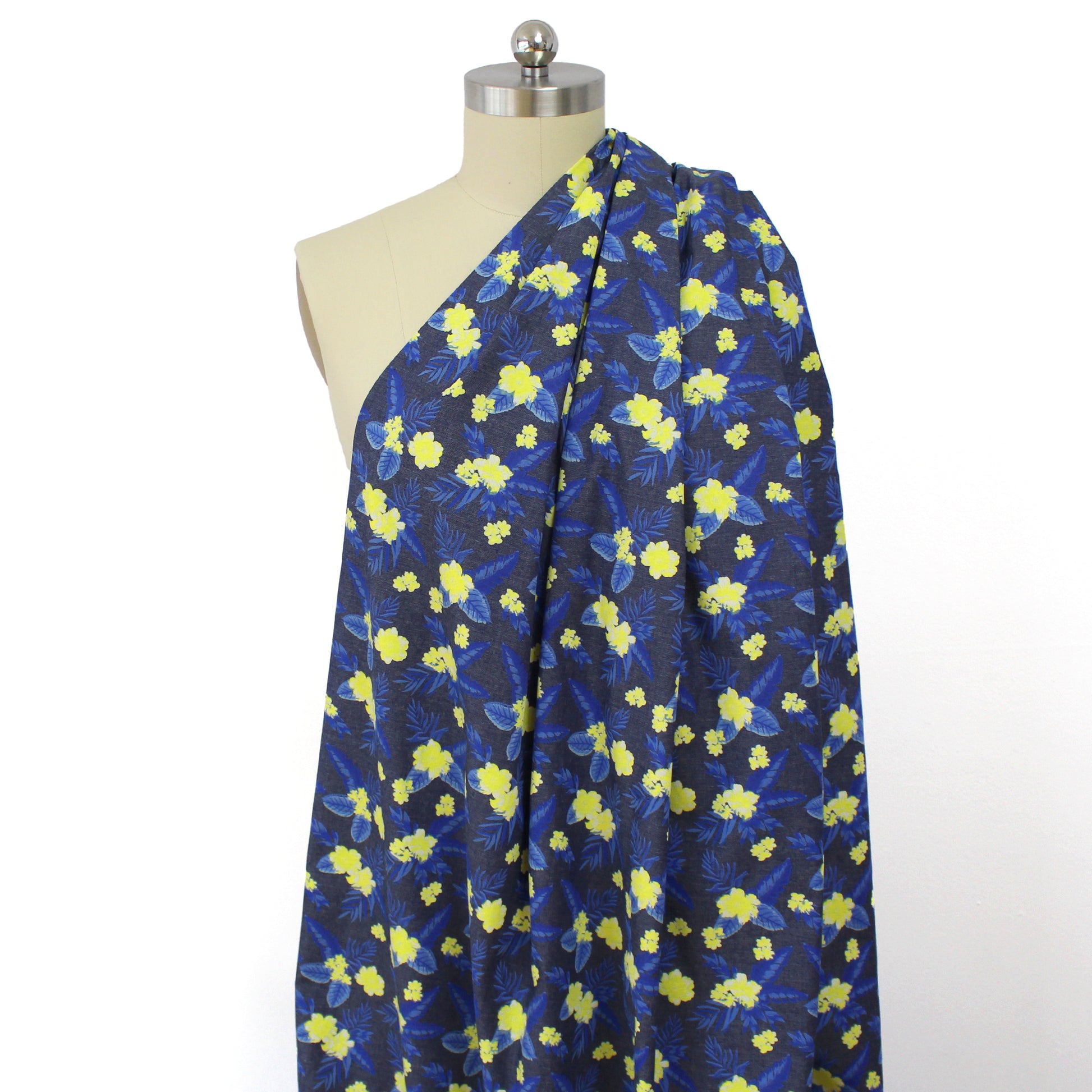 Italian 'hibiscus' printed lightweight denim - yellow