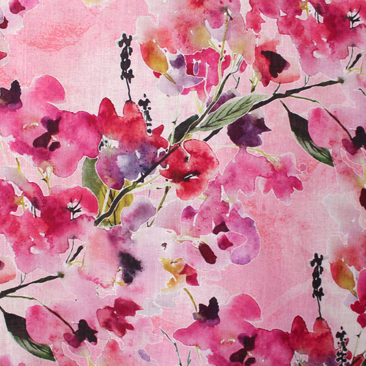 'watercolor camelia' linen dressweight woven, Oeko-Tex cert.