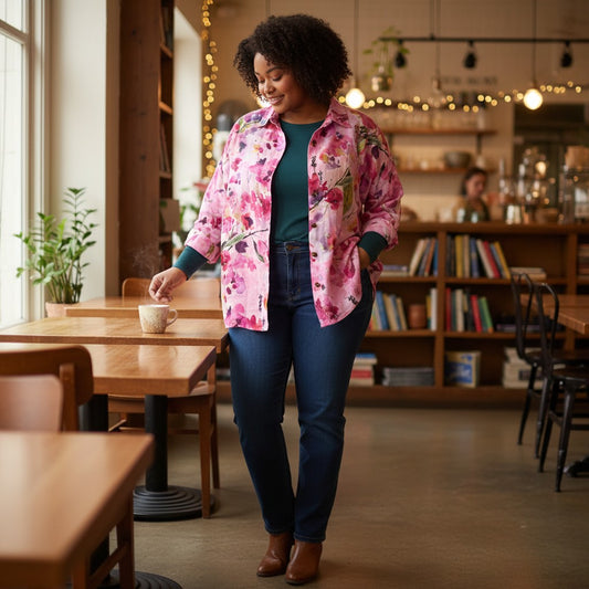 'watercolor camelia' linen dressweight woven, Oeko-Tex cert.