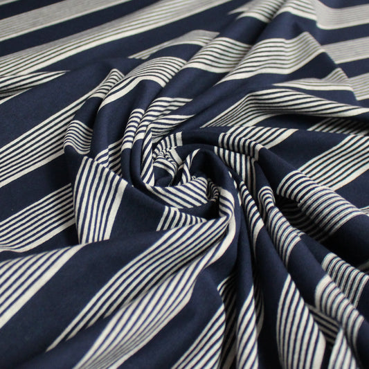 yarn-dyed stripe rayon/spandex jersey - navy/sand