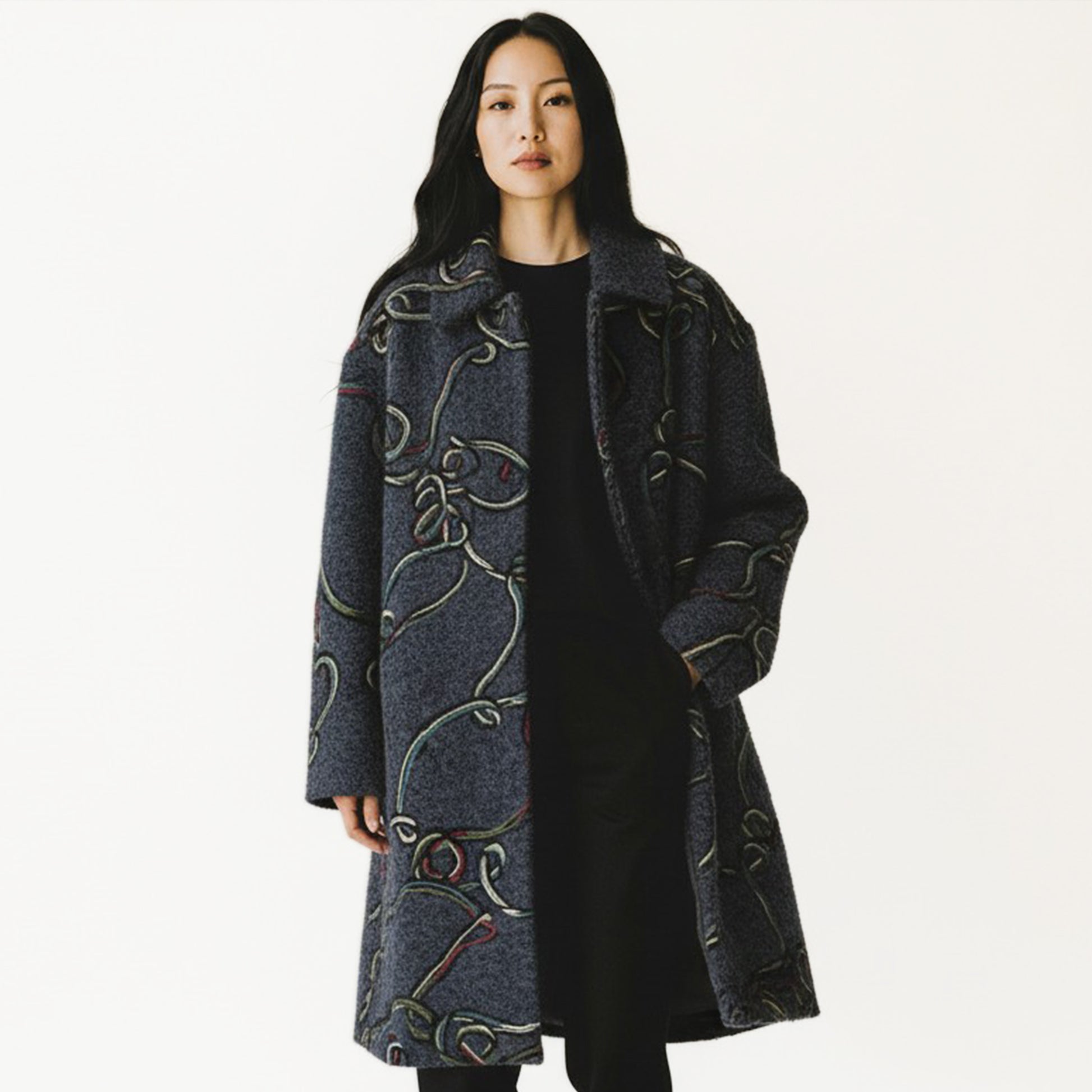 'yarn scramble' embroidered boiled knit coating - dusky blue