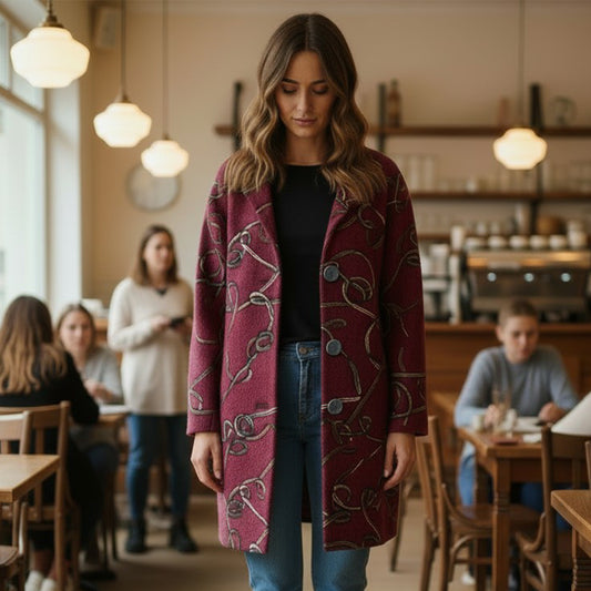 'yarn scramble' embroidered boiled knit coating - wine
