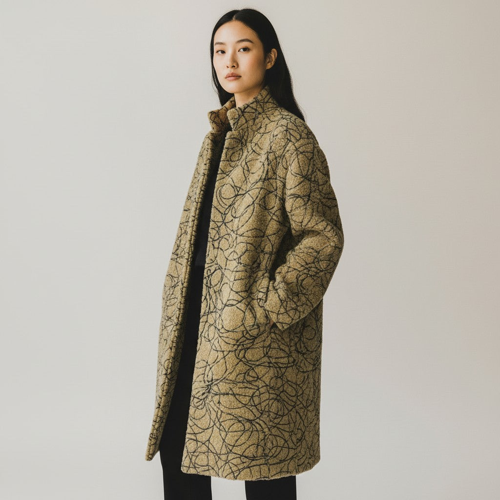 'yarn scramble' embroidered boucle knit coating - natural