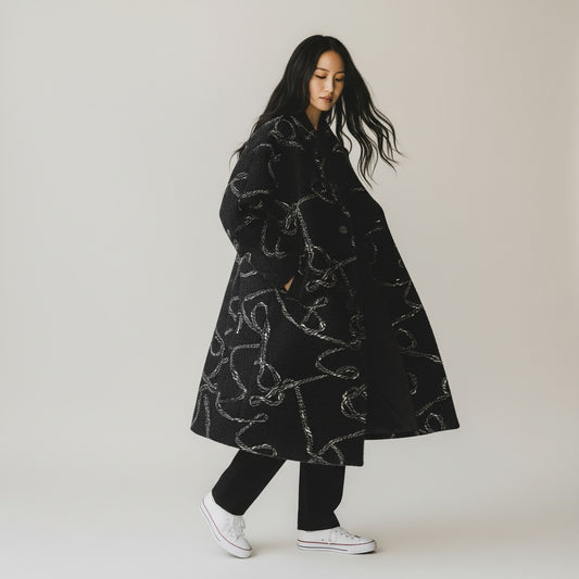 'yarn scramble' embroidered boucle knit coating - black/ivory