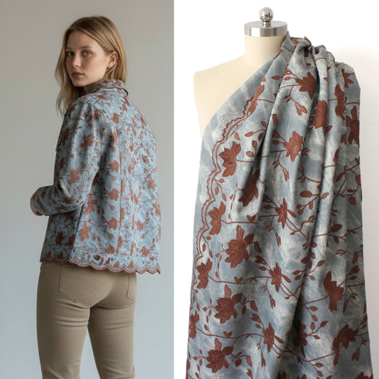 floral embroidered, supple waxed denim, Oeko-Tex Cert