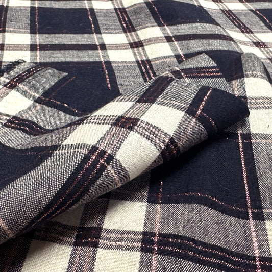 European metallic plaid linen stretch woven - navy
