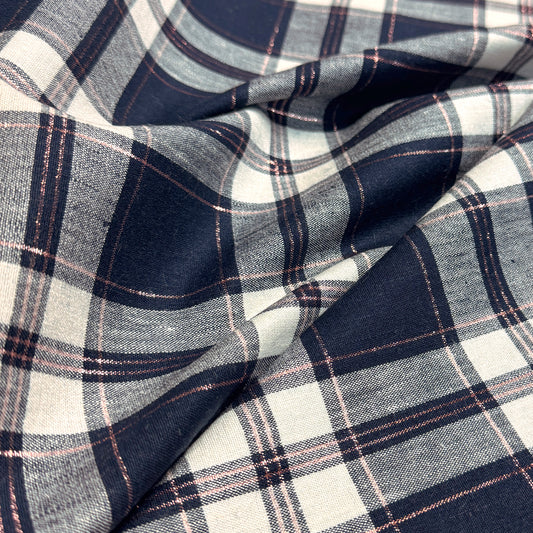European metallic plaid linen stretch woven - navy