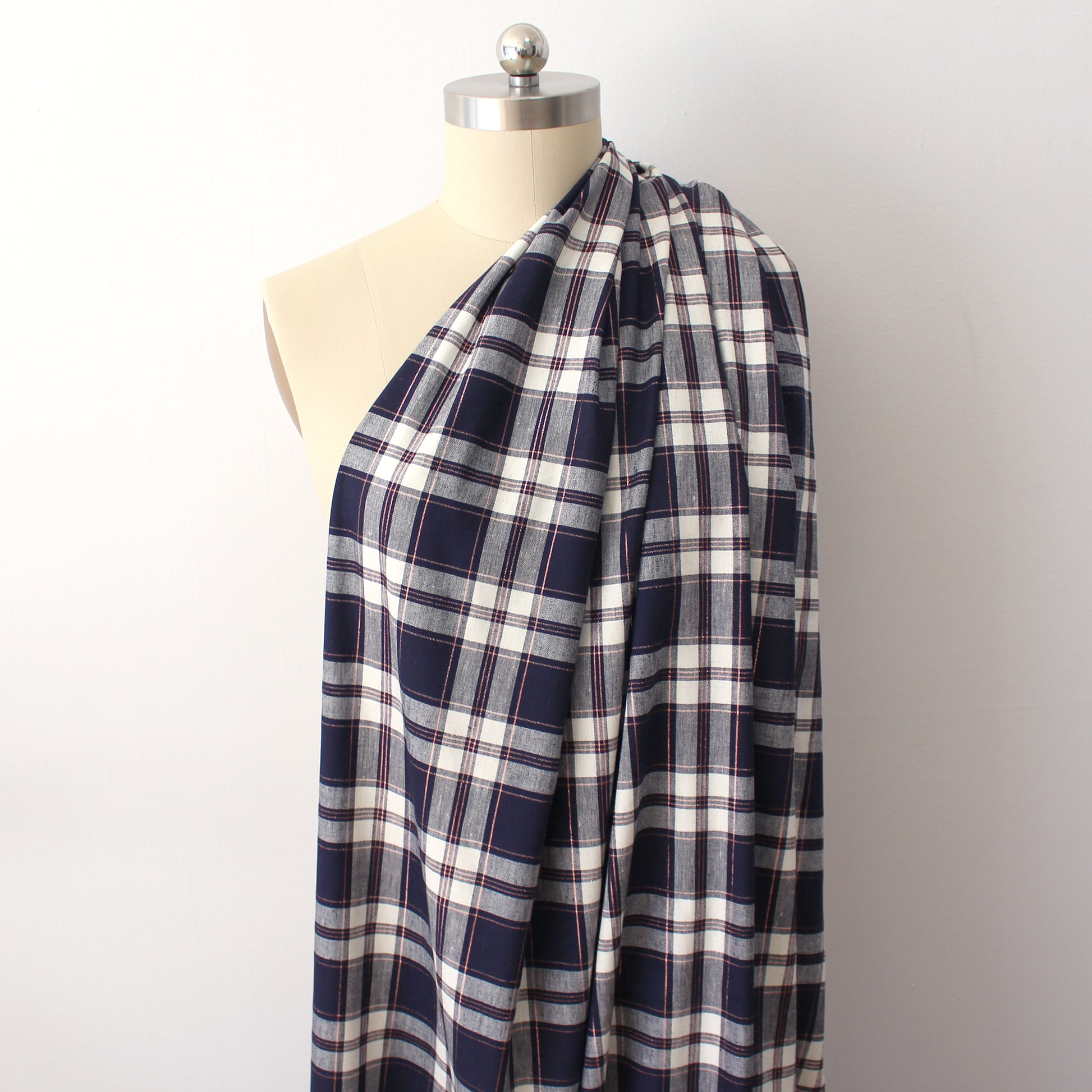 European metallic plaid linen stretch woven - navy