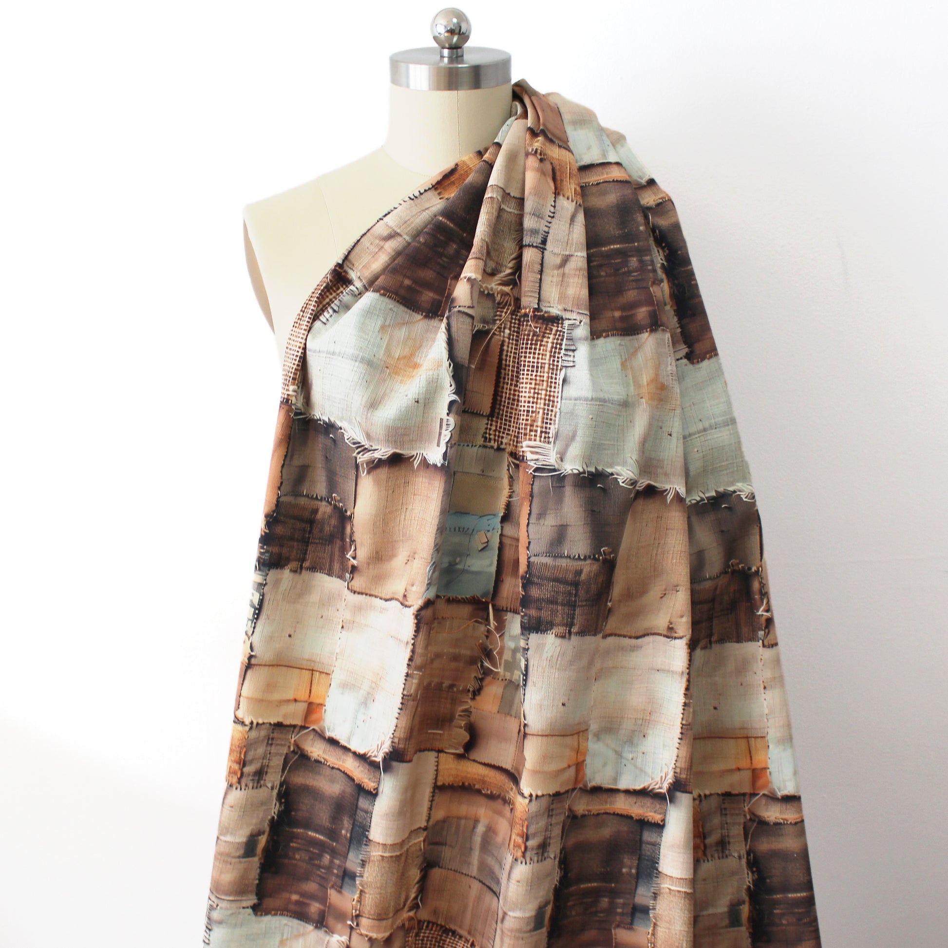 'tea washed patchwork' printed stretch cotton denim, Oeko-Tex cert
