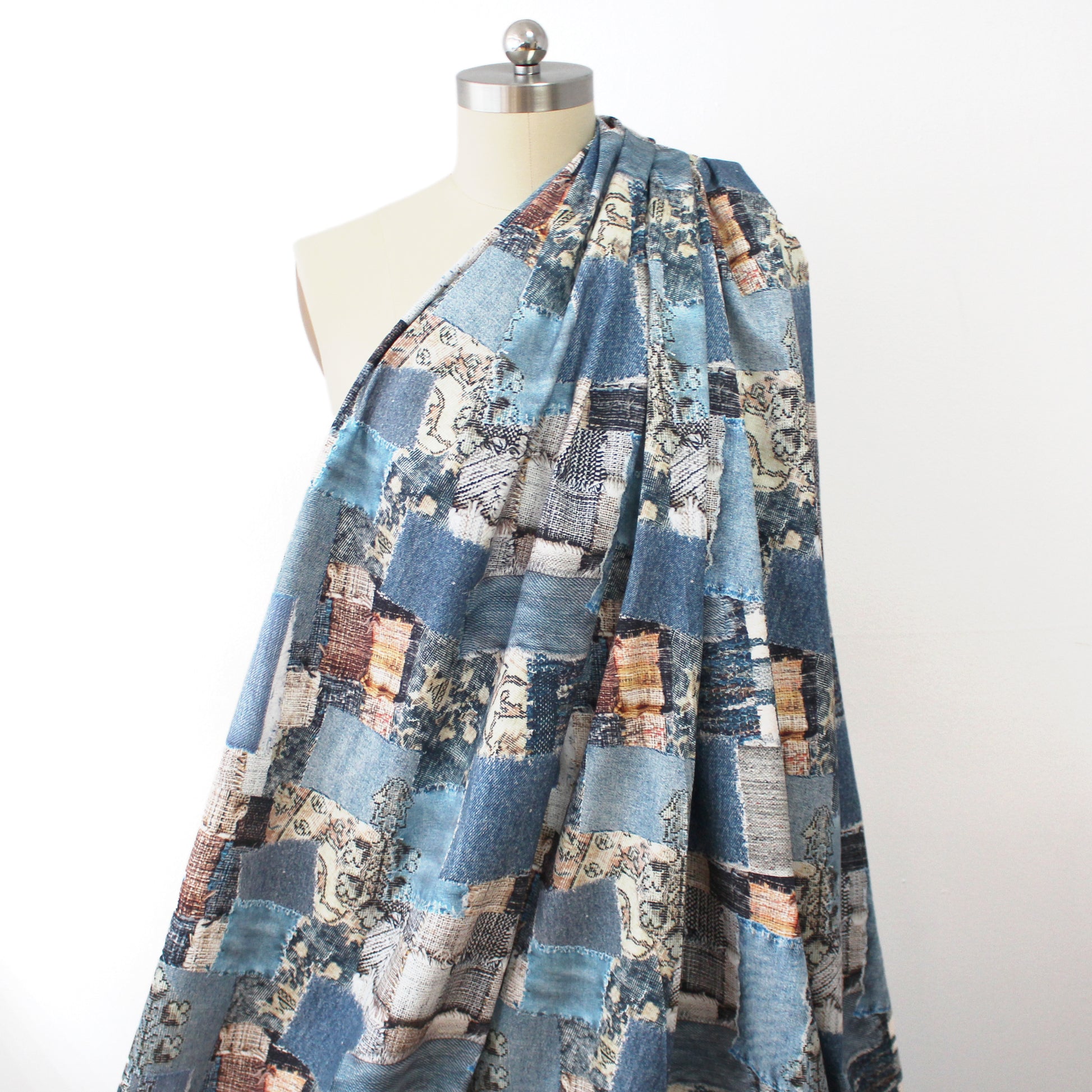 'denim patchwork' printed stretch cotton denim, Oeko-Tex cert