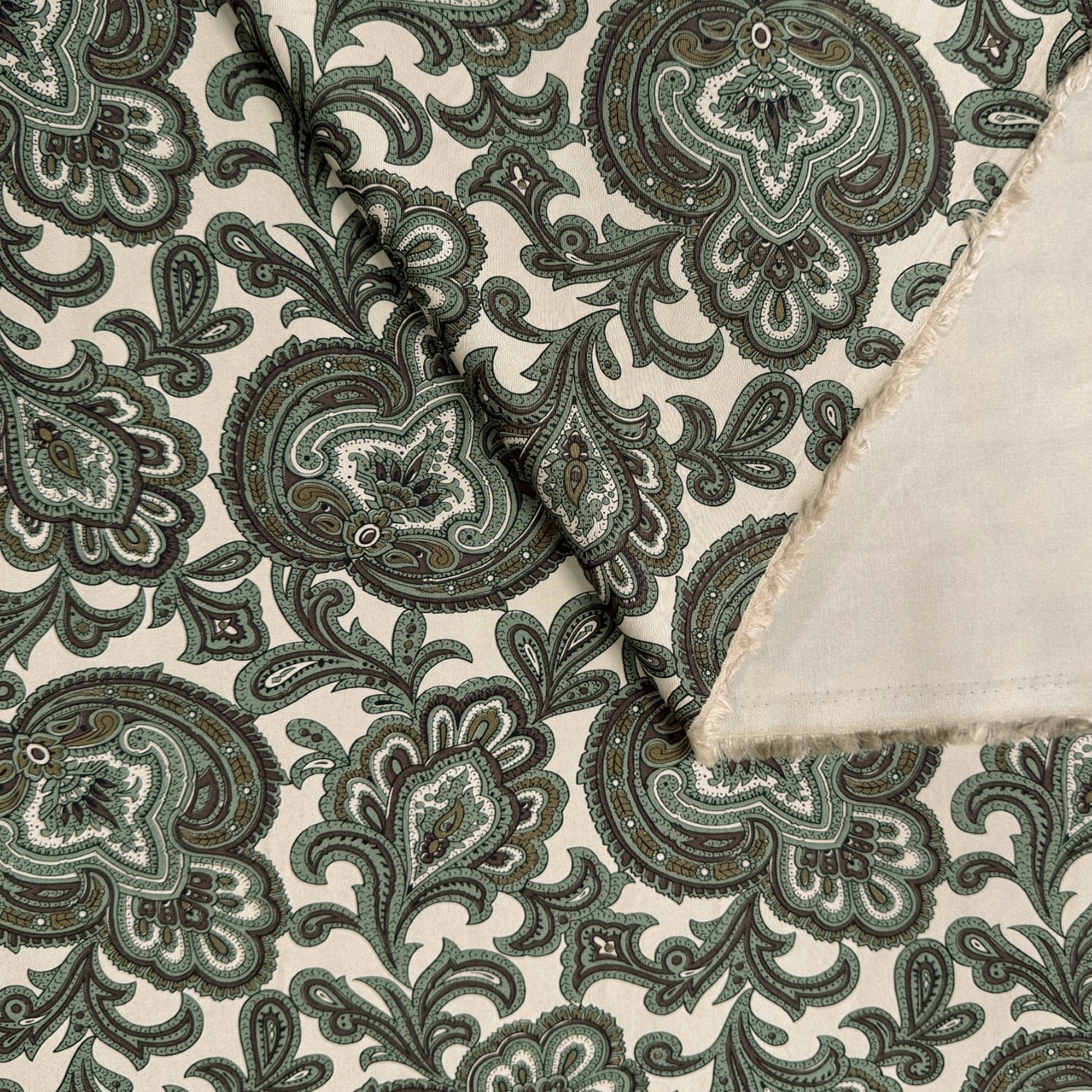 Japanese paisley cotton twill shirting - basil/taupe