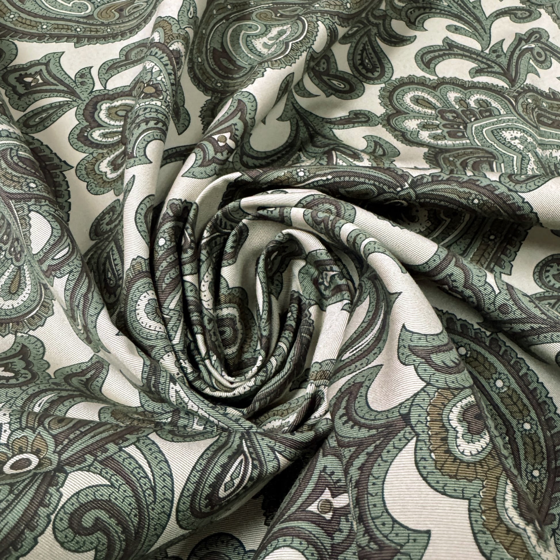 Japanese paisley cotton twill shirting - basil/taupe