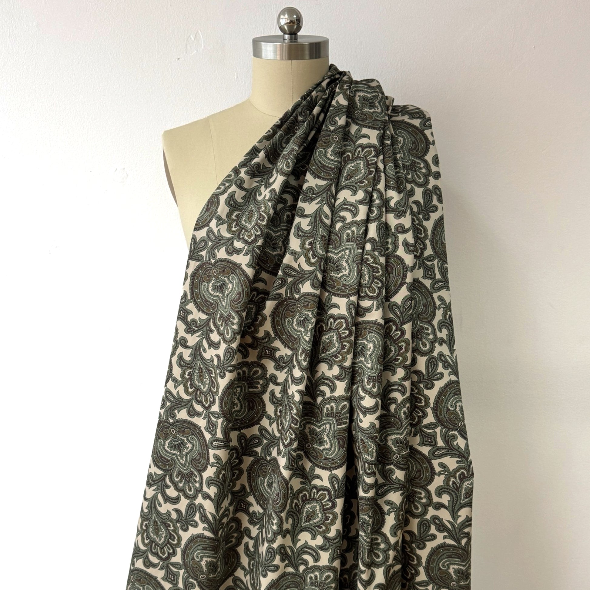 Japanese paisley cotton twill shirting - basil/taupe