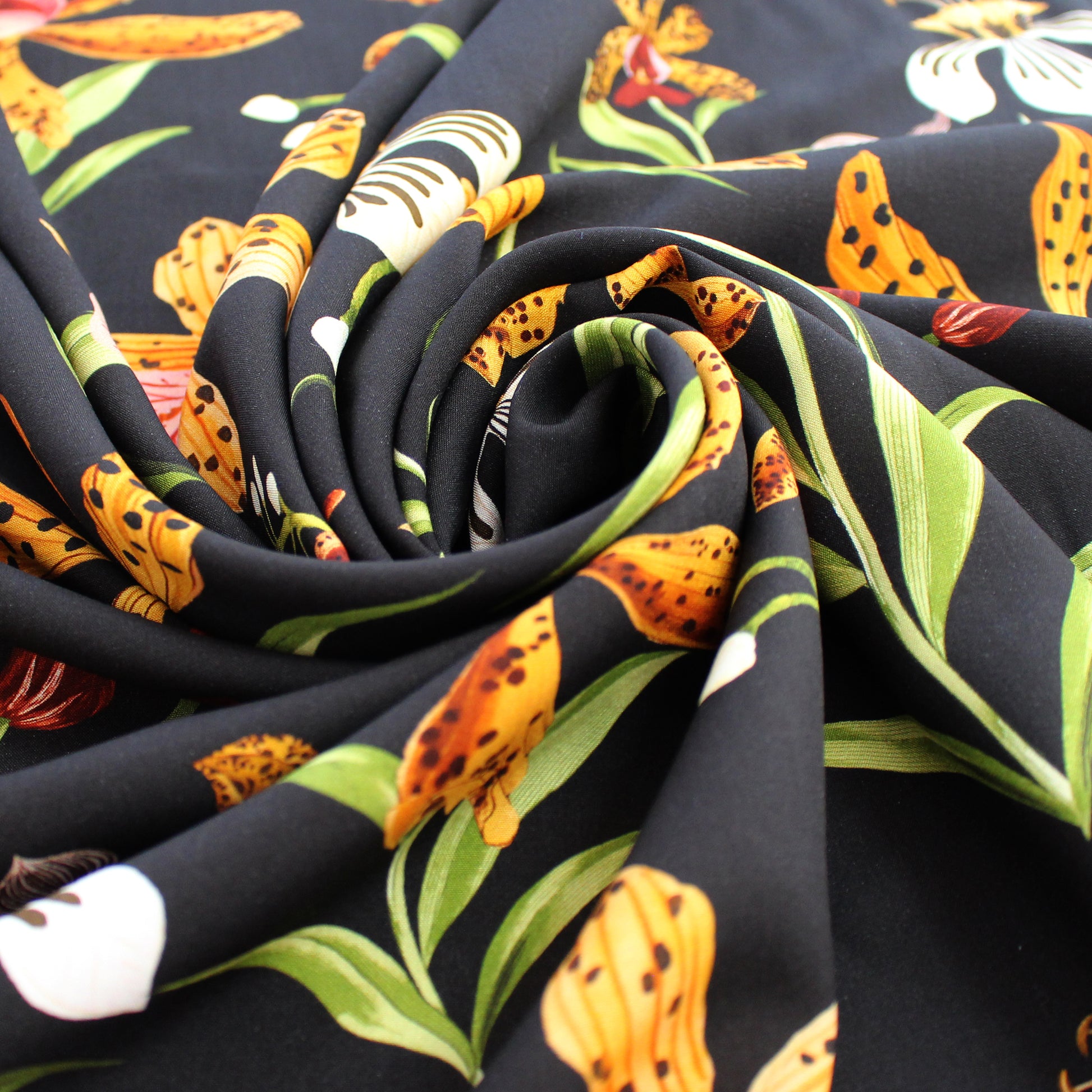 'tiger lily' drapey viscose woven, Oeko-Tex cert.