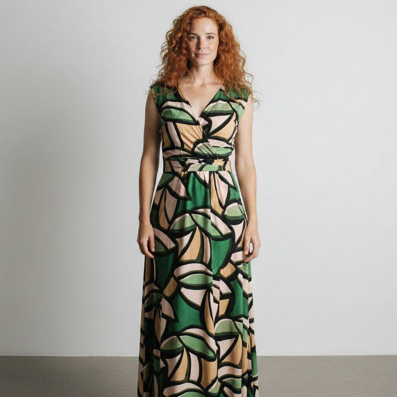 'abstract leaves' stretch viscose poplin - green