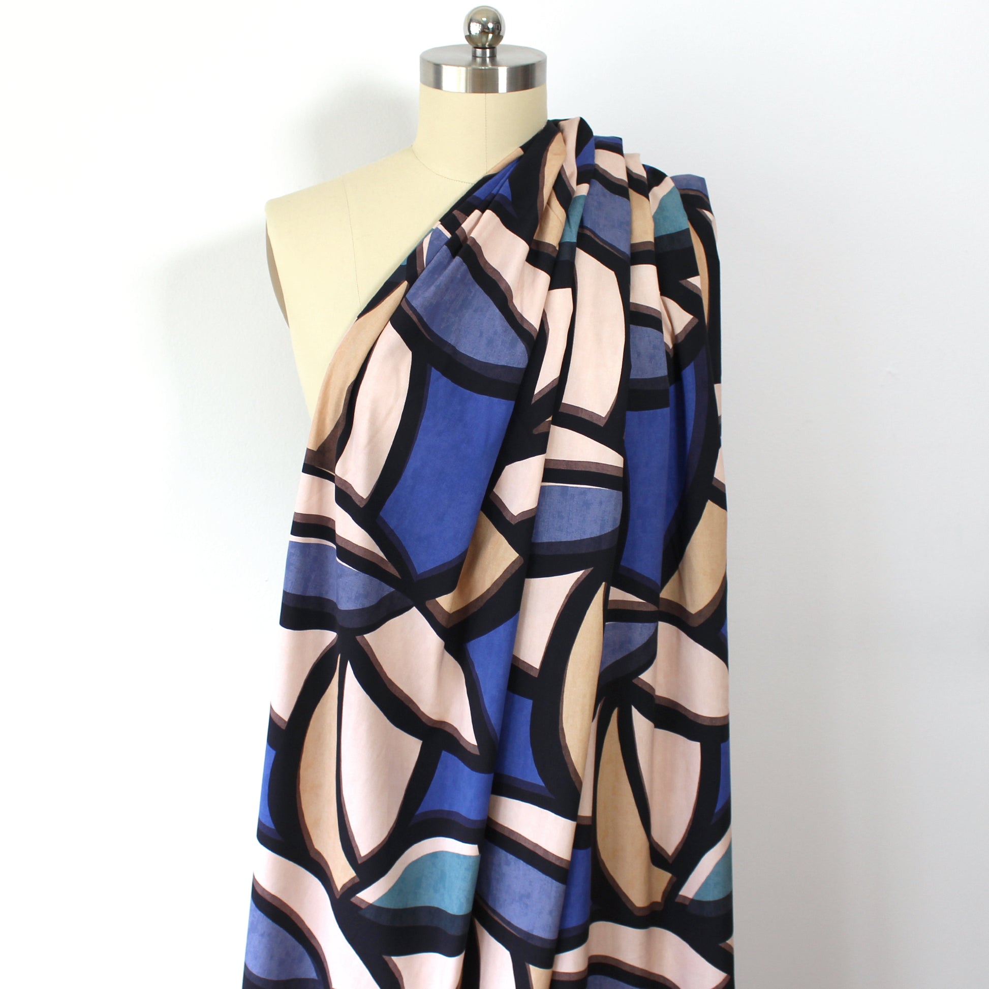 'abstract leaves' stretch viscose poplin - blue