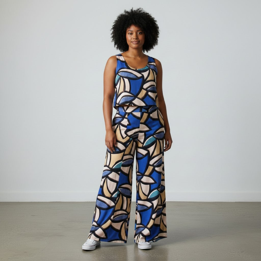 'abstract leaves' stretch viscose poplin - blue