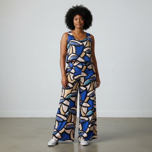 'abstract leaves' stretch viscose poplin - blue