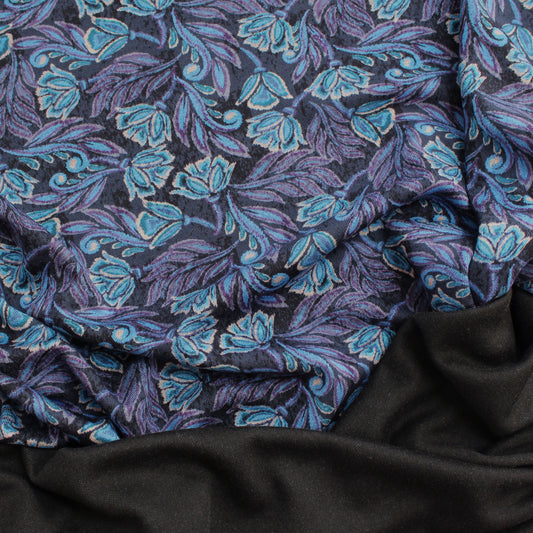 'block print floral' drapey viscose blend doubleknit, Oeko-Tex cert. - blue