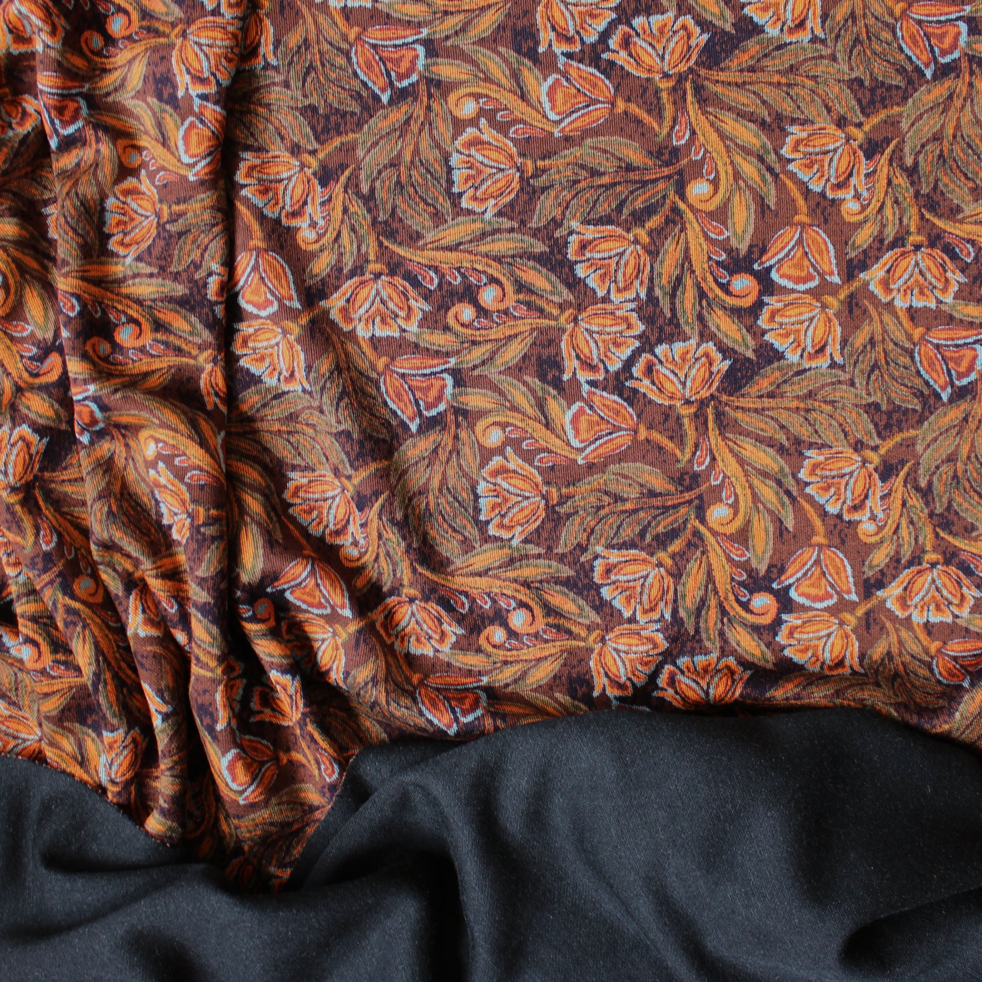 'block print floral' drapey viscose blend doubleknit, Oeko-Tex cert. - spice