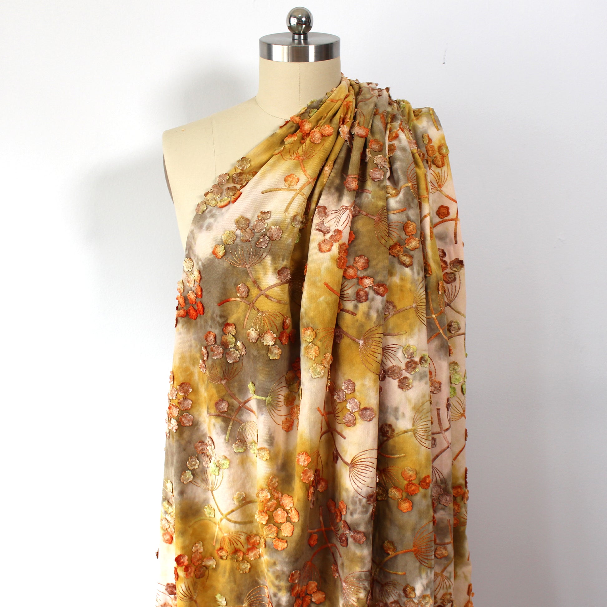 'forest florals' embroidered cotton pin wale corduroy - goldenrod