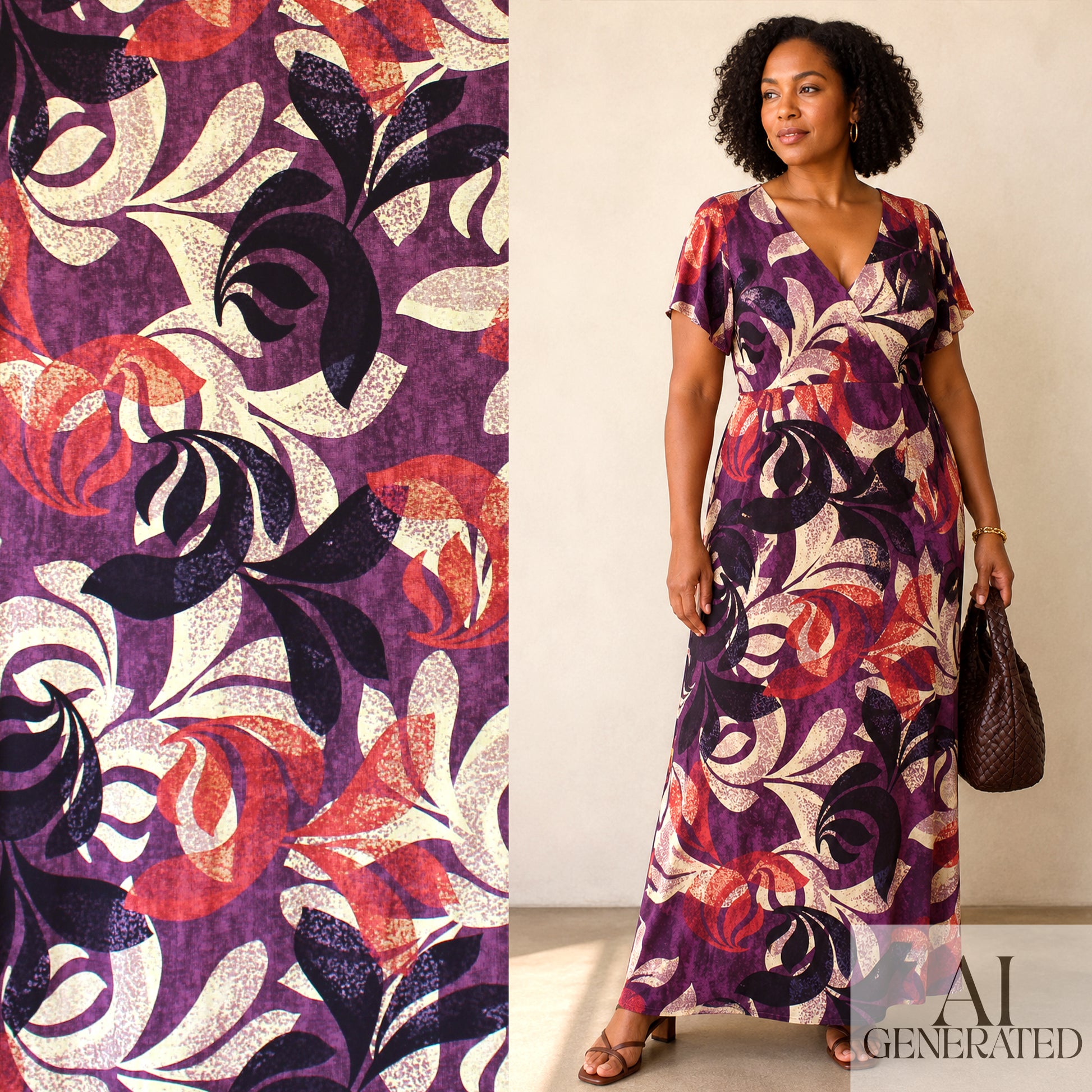 'pressed leaves' drapey viscose stretch twill - plum